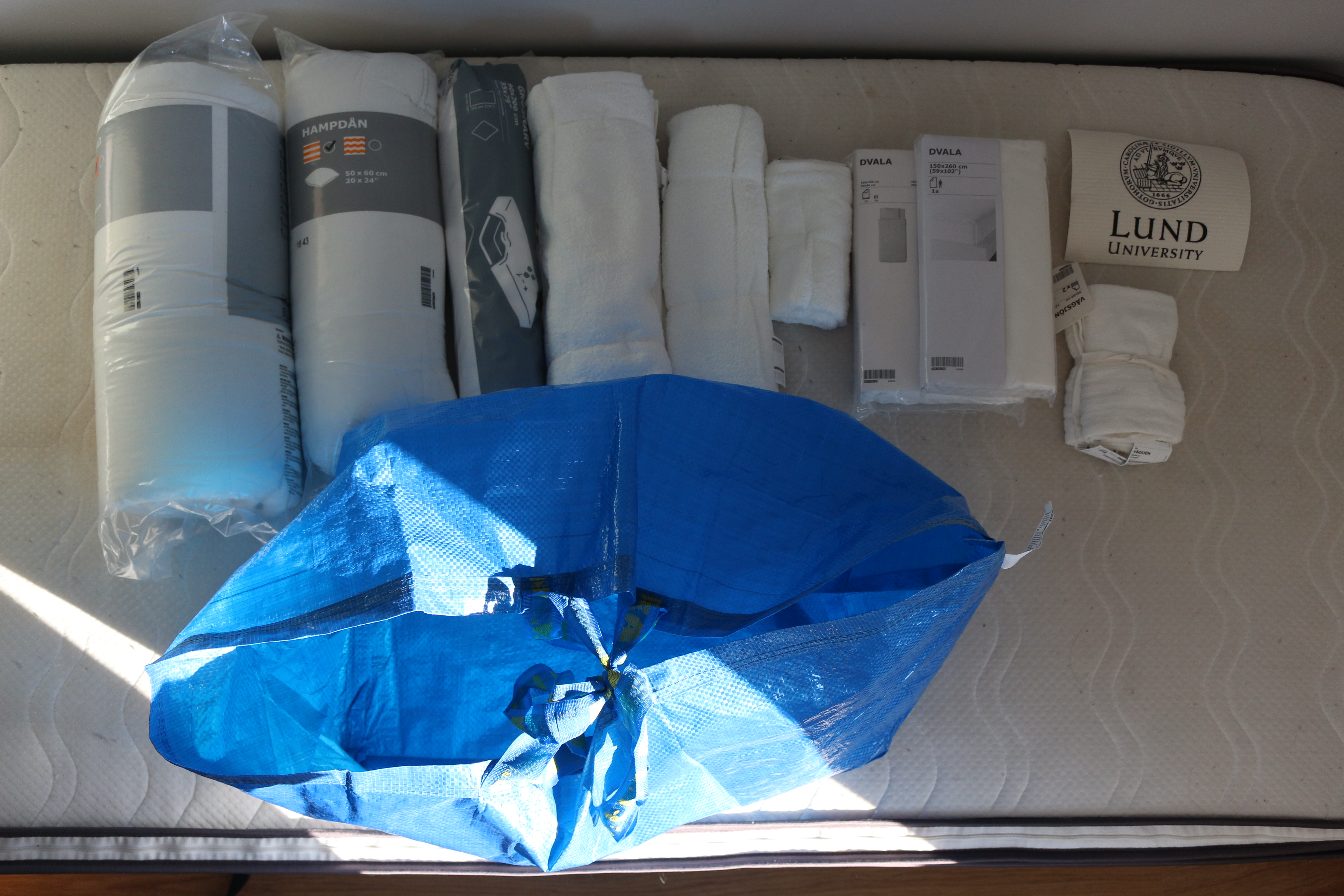 Le set acheté à IKEA par l'université de Lund, pour 79 euros : une couette, une housse de couette, une sous-couette, un protège-matelas, une taie d'oreiller, deux gants, deux serviettes, un sac bleu IKEA.