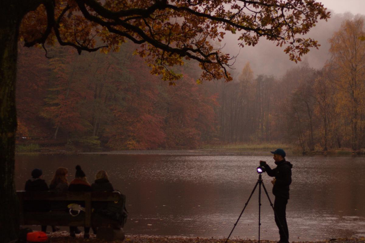 Un photographe se prépare à prendre un photo de la vallée depuis le bord d'un lac. À côté de lui, un groupe d'amis mange sur un banc, avec comme vue ce lac, où un brouillard mystifie l'atmosphère.