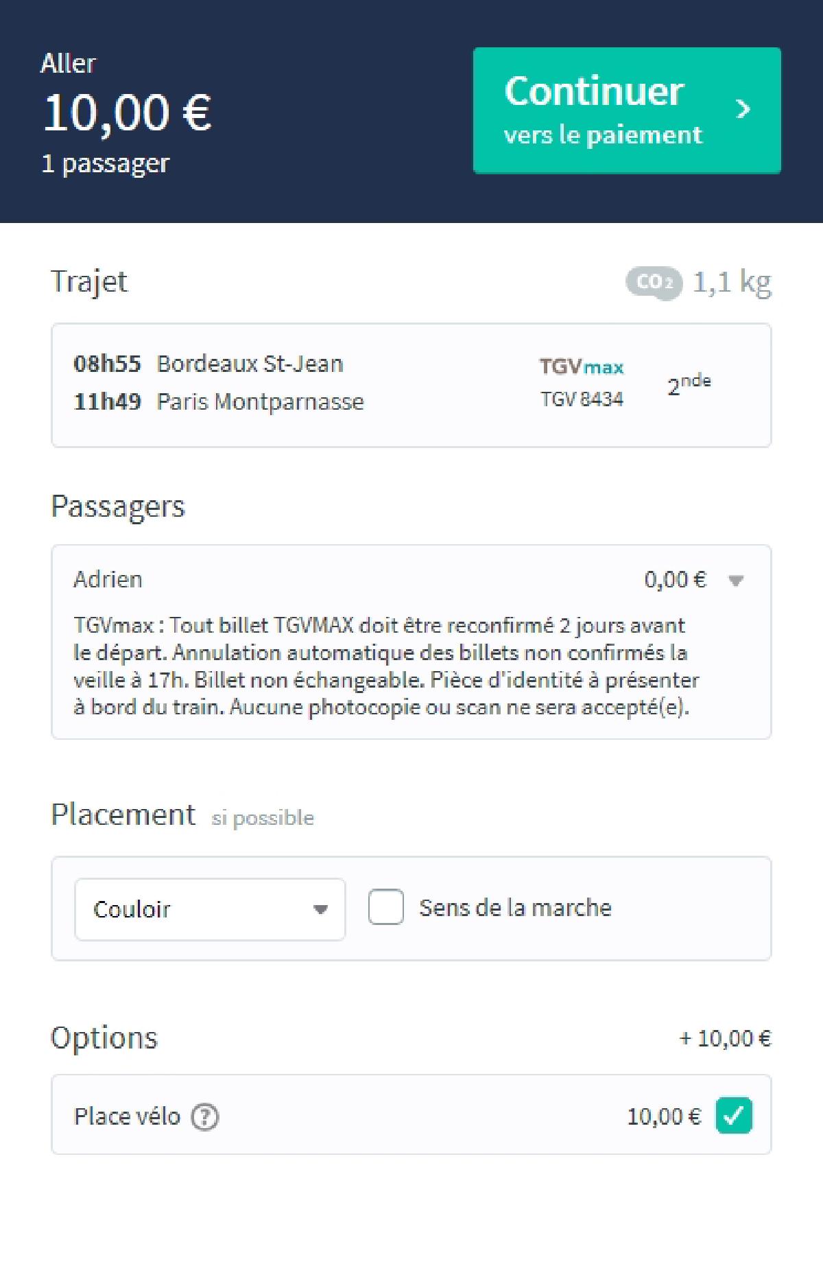 Capture d'écran du site Trainline, montrant une réservation de train Bordeaux — Paris, avec vélo, pour 10 euros.