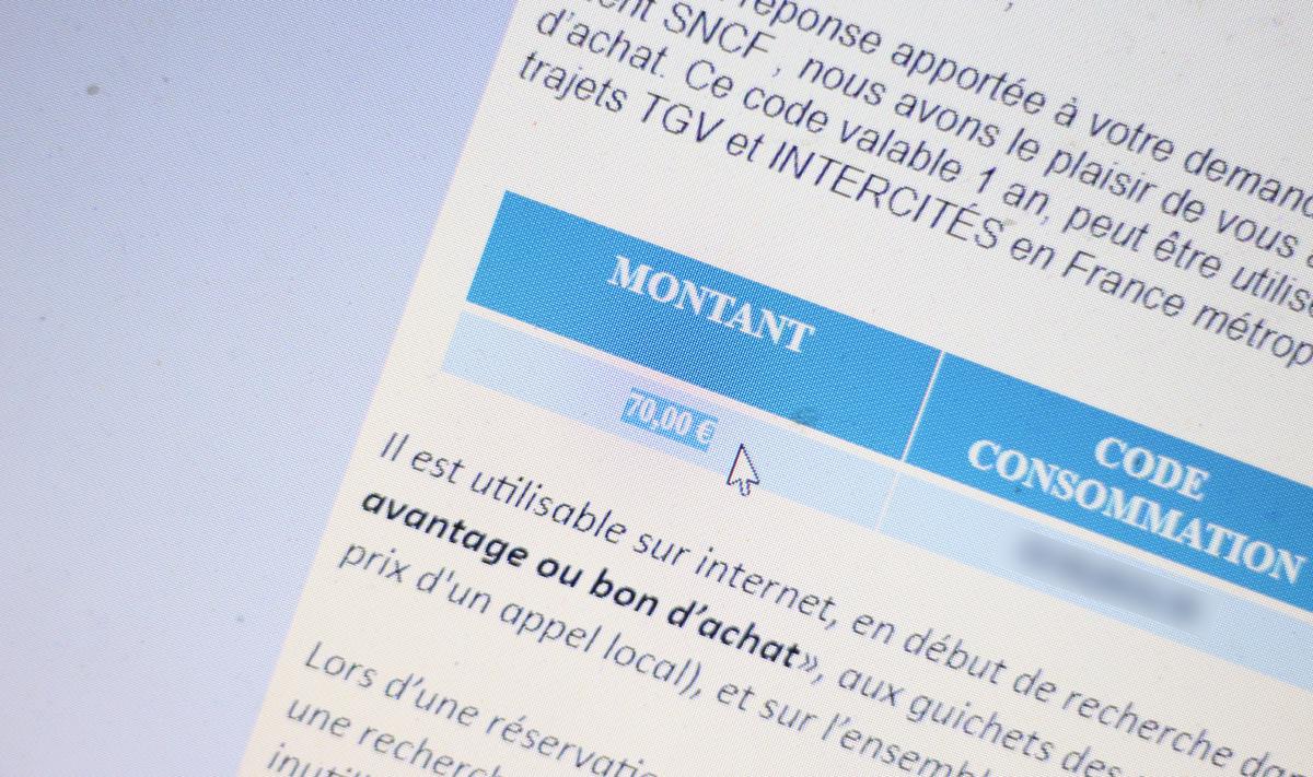 Capture d'écran d'un mail contenant un bon d'achat de 70 euros à valoir pour des billets de train de la SNCF.