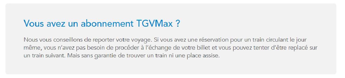 Capture d'écran du site internet SNCF, qui indique que les usagers TGVmax peuvent prendre le train suivant dans la journée.