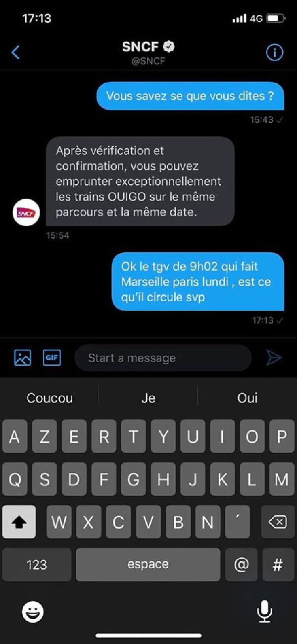 Capture d'écran d'un échange de tweets indiquant que les Ouigo sont ouverts aux TGVmax exceptionnellement durant la période de grève.