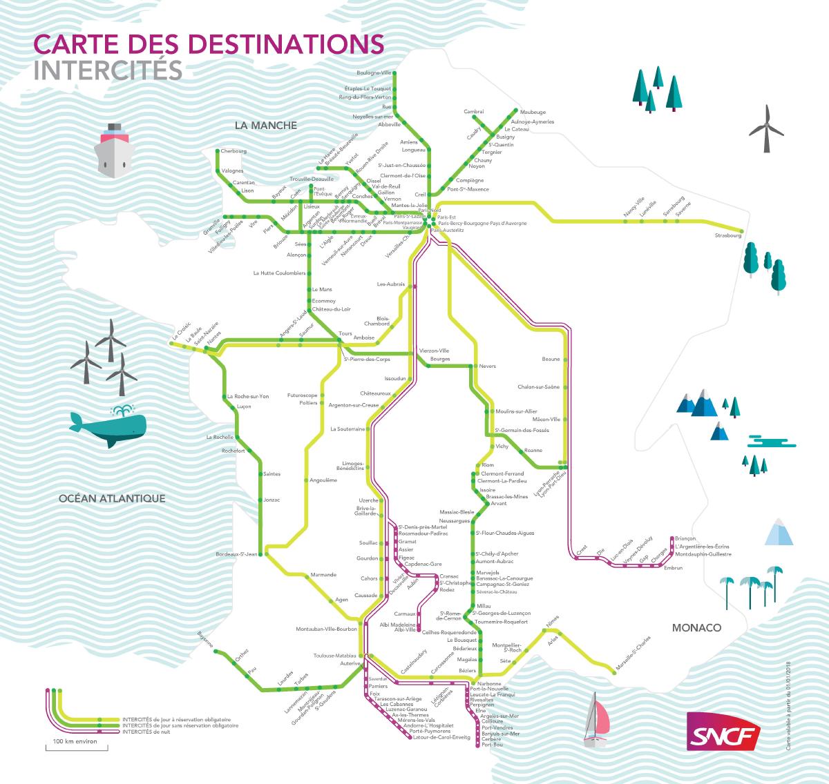 Le réseau Intercités en 2019. Des liaisons depuis Paris ont disparu depuis, notamment les Intercités 100% éco.