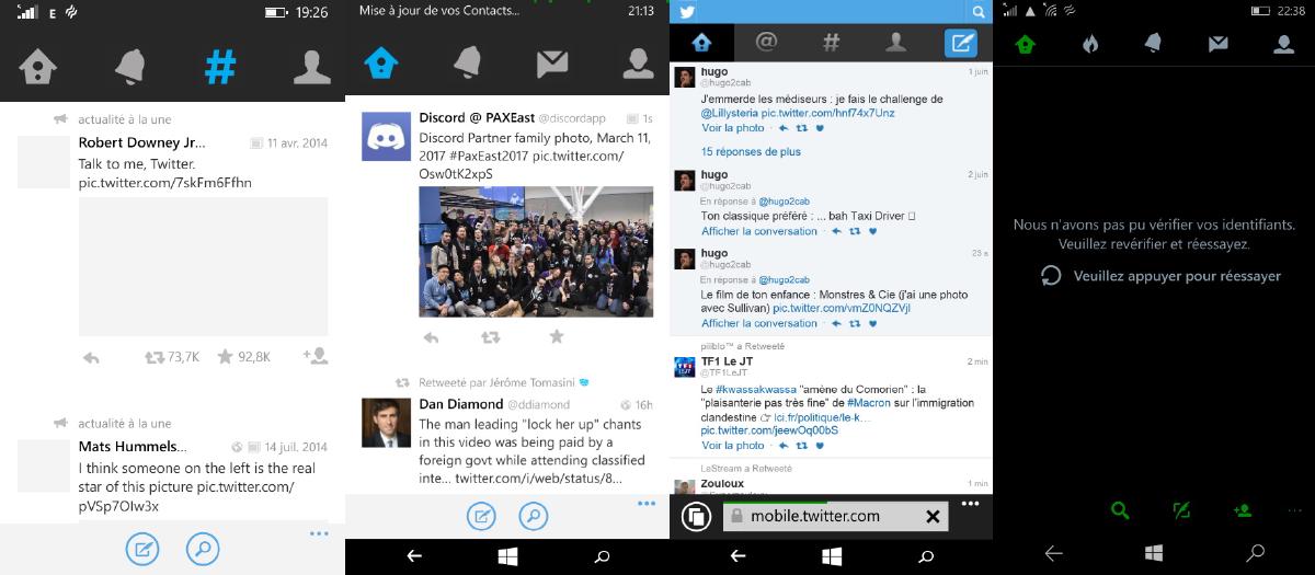L'application Twitter pour Windows Phone, en 2015, 2017, puis en 2018 à sa mort. La troisième image représente Twitter Lite, la version Web de Twitter ayant vécu jusqu'en 2018.